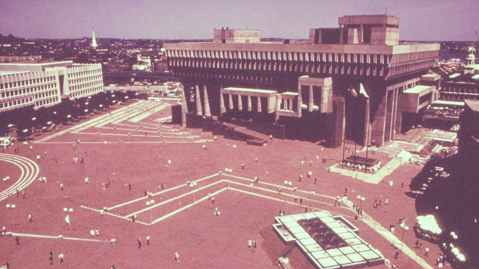 boston city hall and its brick plaza seen from above, 1970s