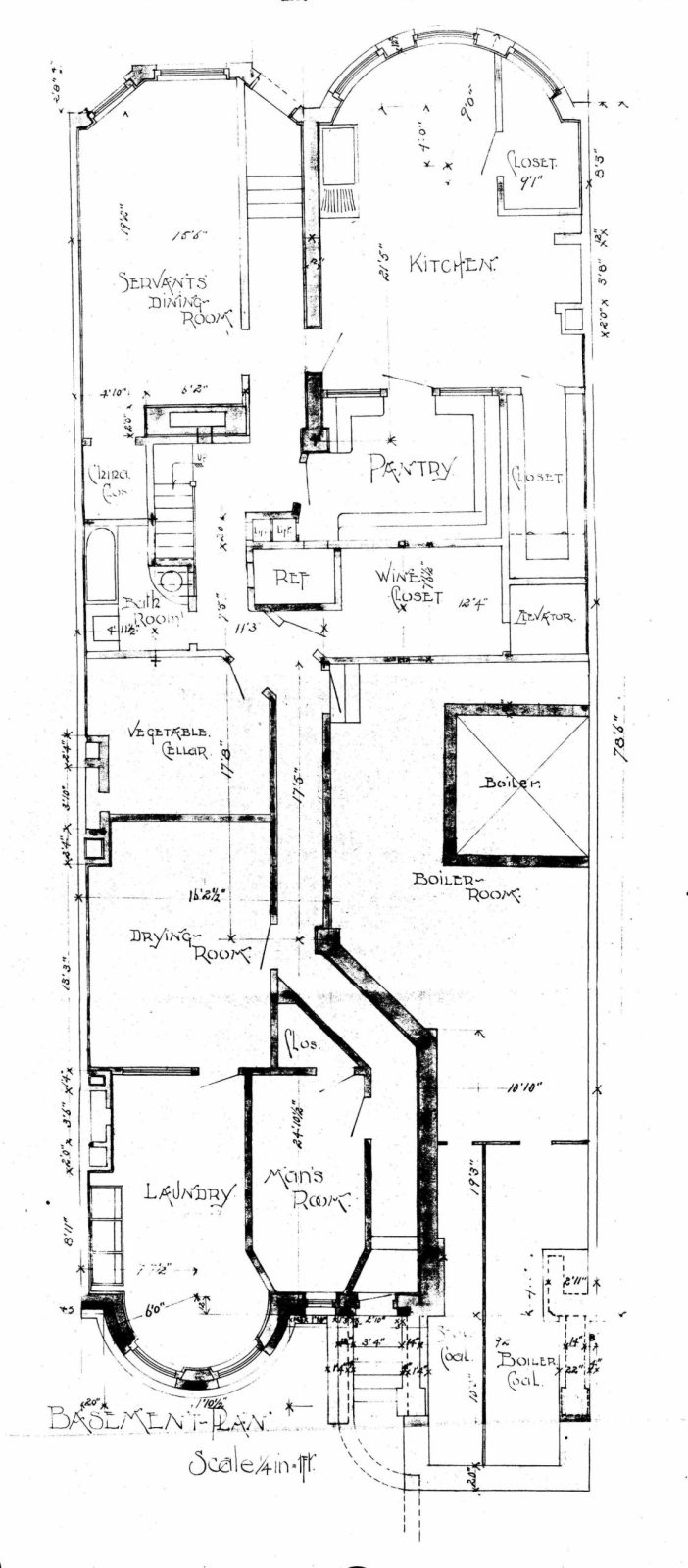 a hand-drawn basement floor plan of a historic boston townhouse