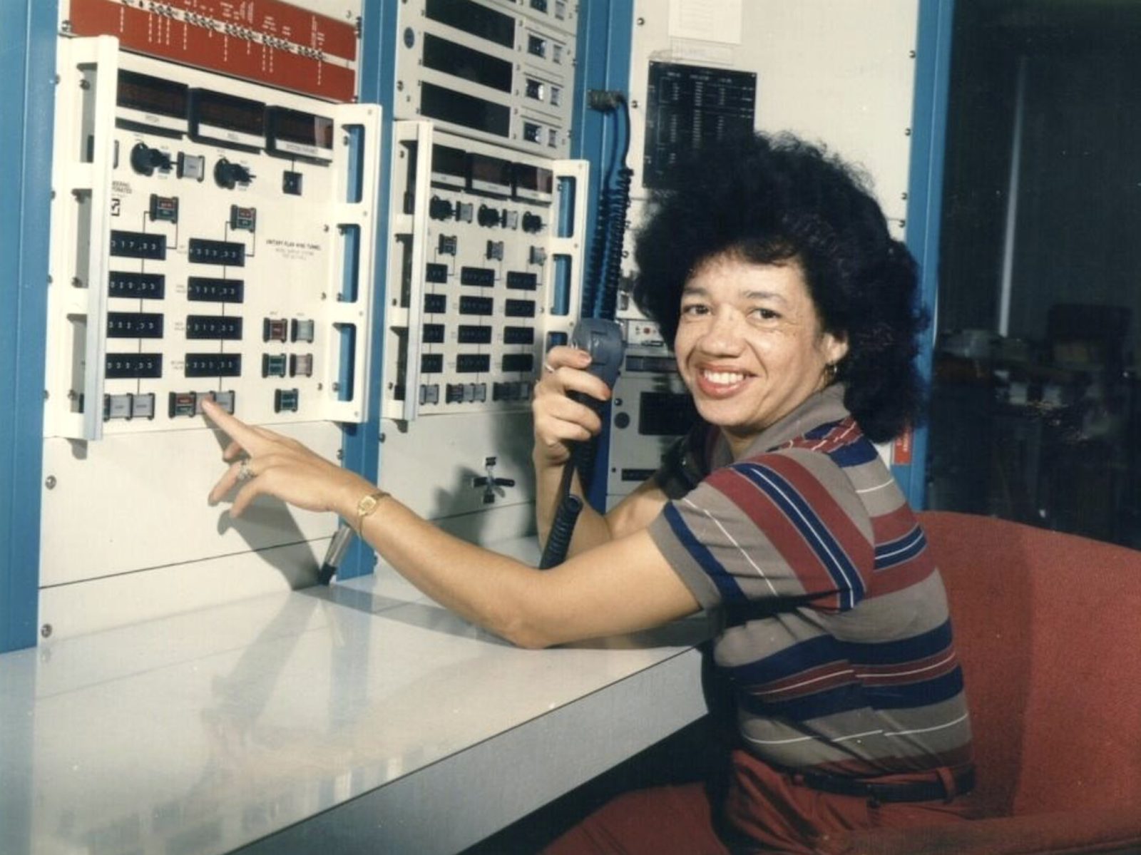 christine darden at the control panel of the unitary plan wind tunnel at nasa langley, 1975