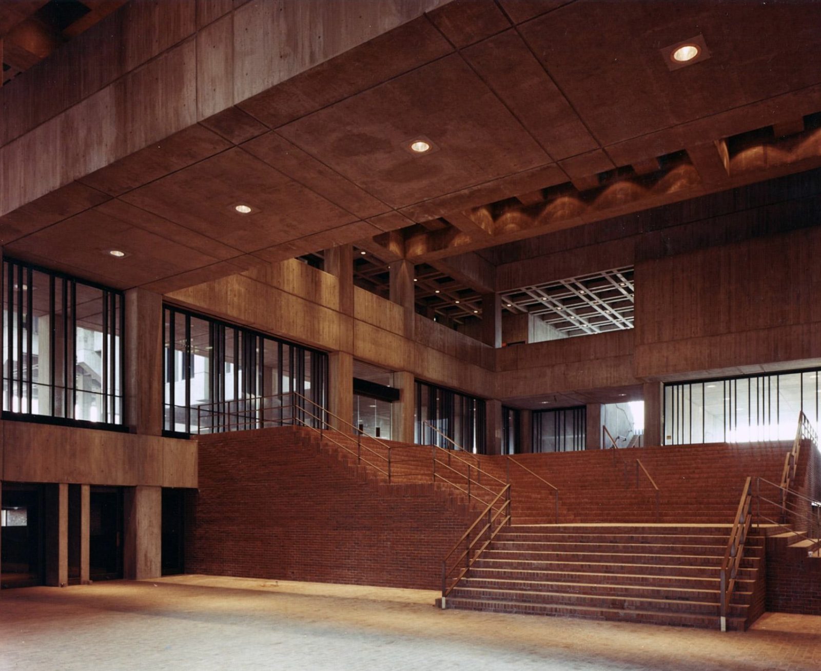 the brick stairs and concrete lobby of boston city hall