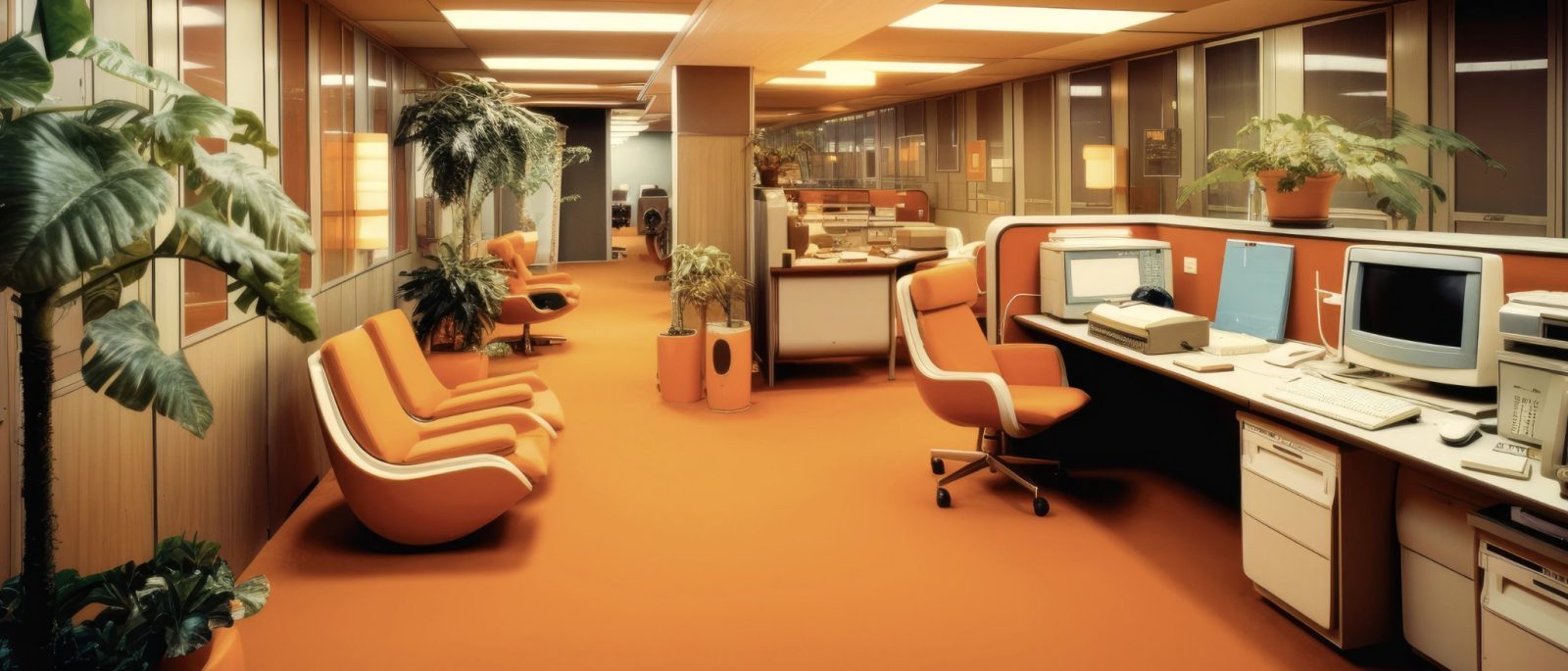 a retro open-plan office with orange chairs, plants, and early computers